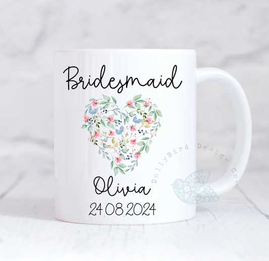 Personalised Bridesmaid Mug Floral Heart Design, Bridesmaid Gift, UK ridesmaid Gifts