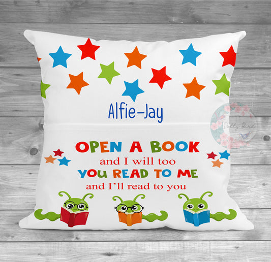 Book Worm Personalised Book Pillow Pocket Cushion, Reading Gift For Kids, Personalised Book Pocket pillow, Kids Reading pillow, Name Pillow Boy, Name Pillow Girl, Christmas Reading, Birthday Reading, Personalised book For Child