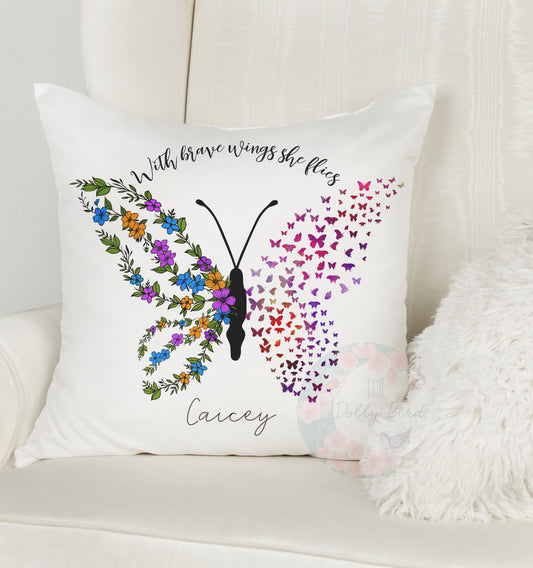 With Brave Wings She Flies Butterfly Quote Pillow