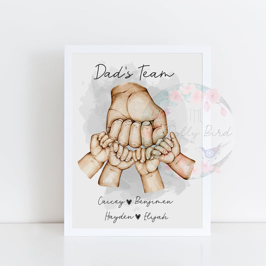 Dads Team Personalised Family Handprint A4 Print, Father And Child Handprint, Fathers Day Personalised Print, Personalised For Dad