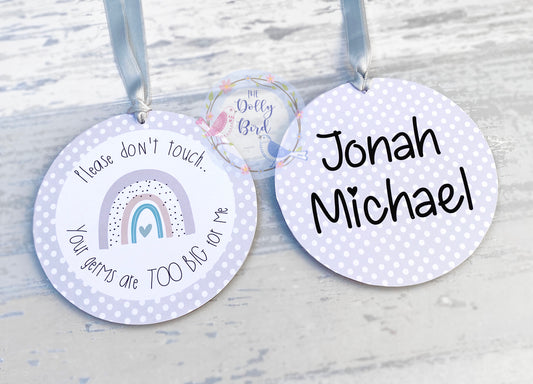 Don't Touch The Baby sign - Grey Neutral Rainbow Design, Your Germs Are Too Big For Me, Baby Car Seat Tag, Baby Pram Sign, Personalised, Baby Shower Gift, Baby Sign