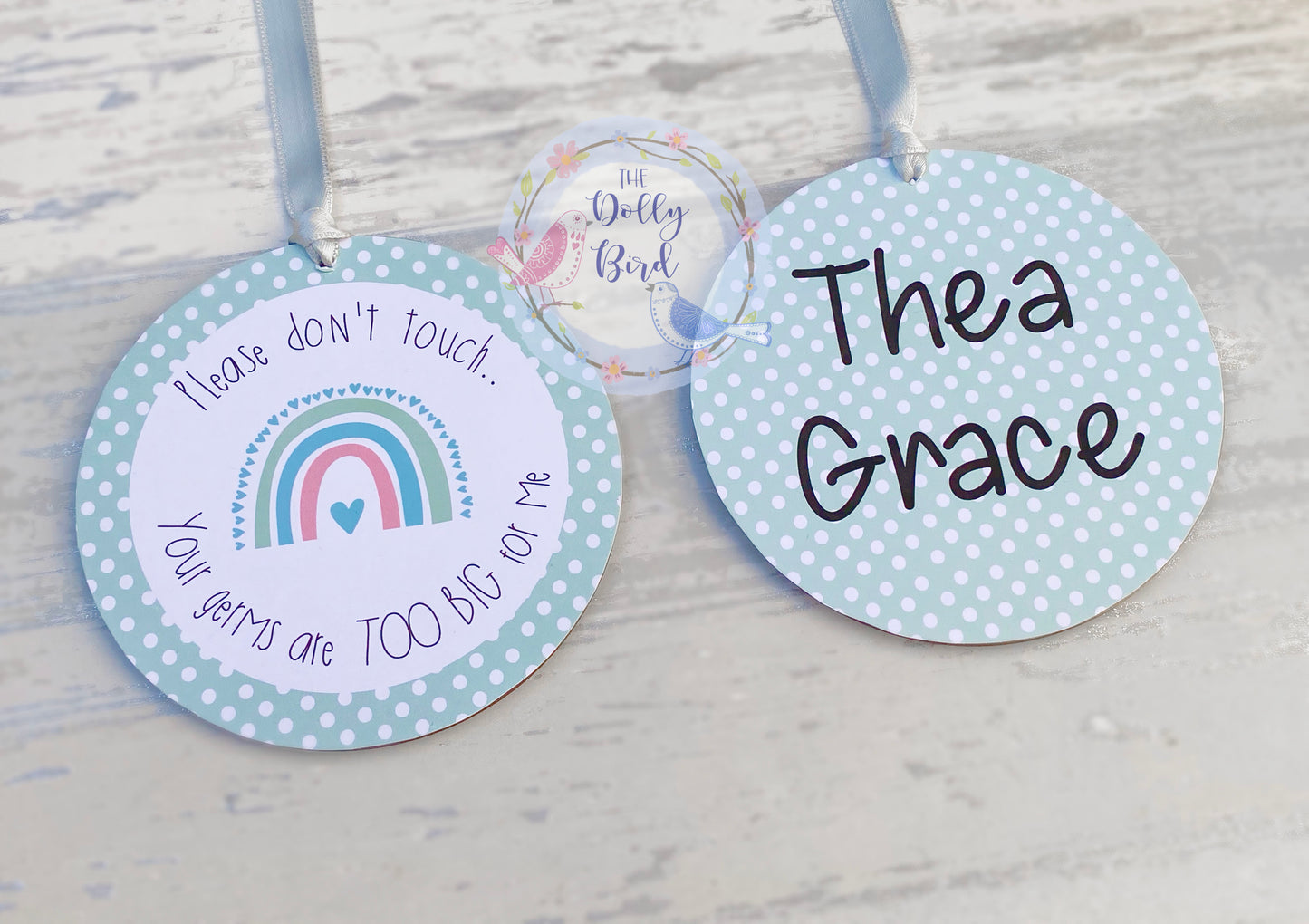 Don't Touch The Baby sign - Pale Green Neutral Rainbow Design, Your Germs Are Too Big For Me, Baby Car Seat Tag, Baby Pram Sign, Personalised, Baby Shower Gift, Baby Sign