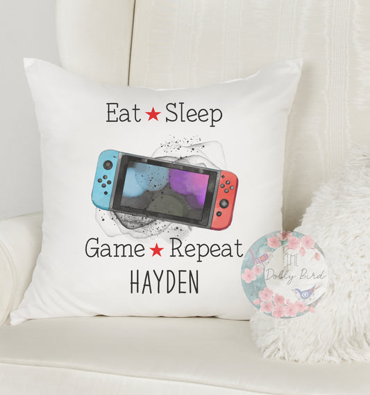 Personalised Gamer Pillow Cushion, Personalised Switch Gamer Gift, Eat Sleep Game Repeat, Gamer Christmas Gift, gamer Birthday Gift, Dad Nintendo Switch Personalised Gift