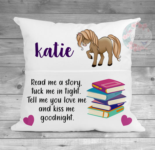 Horse Pony Personalised Book Pillow Pocket Cushion, Reading Gift For Kids,  Horse Riding Personalised, Personalised Book Pocket pillow, Kids Reading pillow, Name Pillow Boy, Name Pillow Girl, Christmas Reading, Birthday Reading, Personalised book For Child