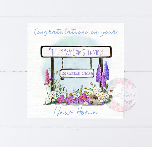 Personalised New Home Floral Street Sign Card, Floral New Home, New Home Gift,  Moving Home Card, 