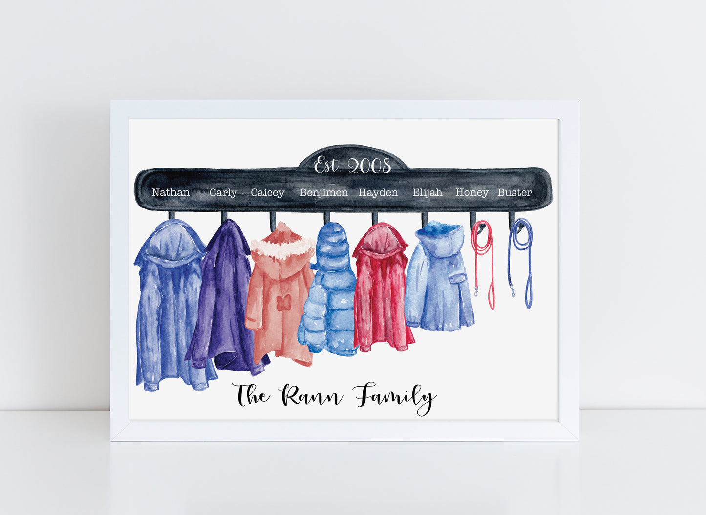 Family Coat Hook Print, Family Coat Hooks Personalised Framed Print, Personalised Family Print, New Home Gift, Family Name Print