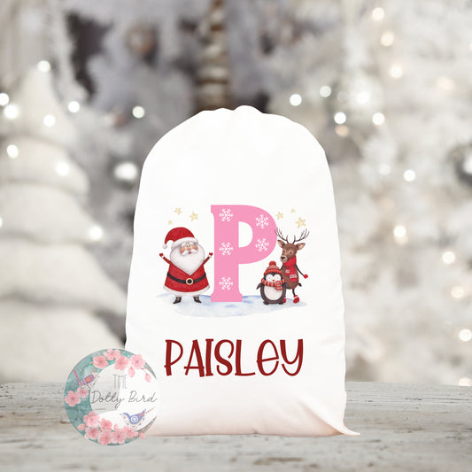 Personalised Large Santa Sack - Pink Initial, Girls Christmas Sack, Personalised Christmas Sack, Father Christmas, Kids Santa Sack Bag, Christmas Gift Sack UK