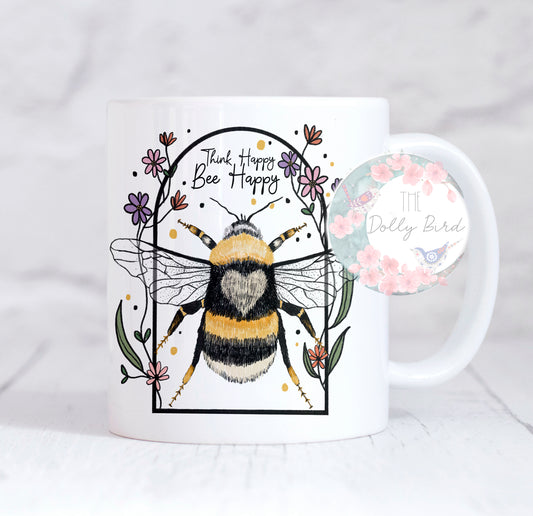 Affirmation Floral Quote Mug - Think Happy Bee Happy