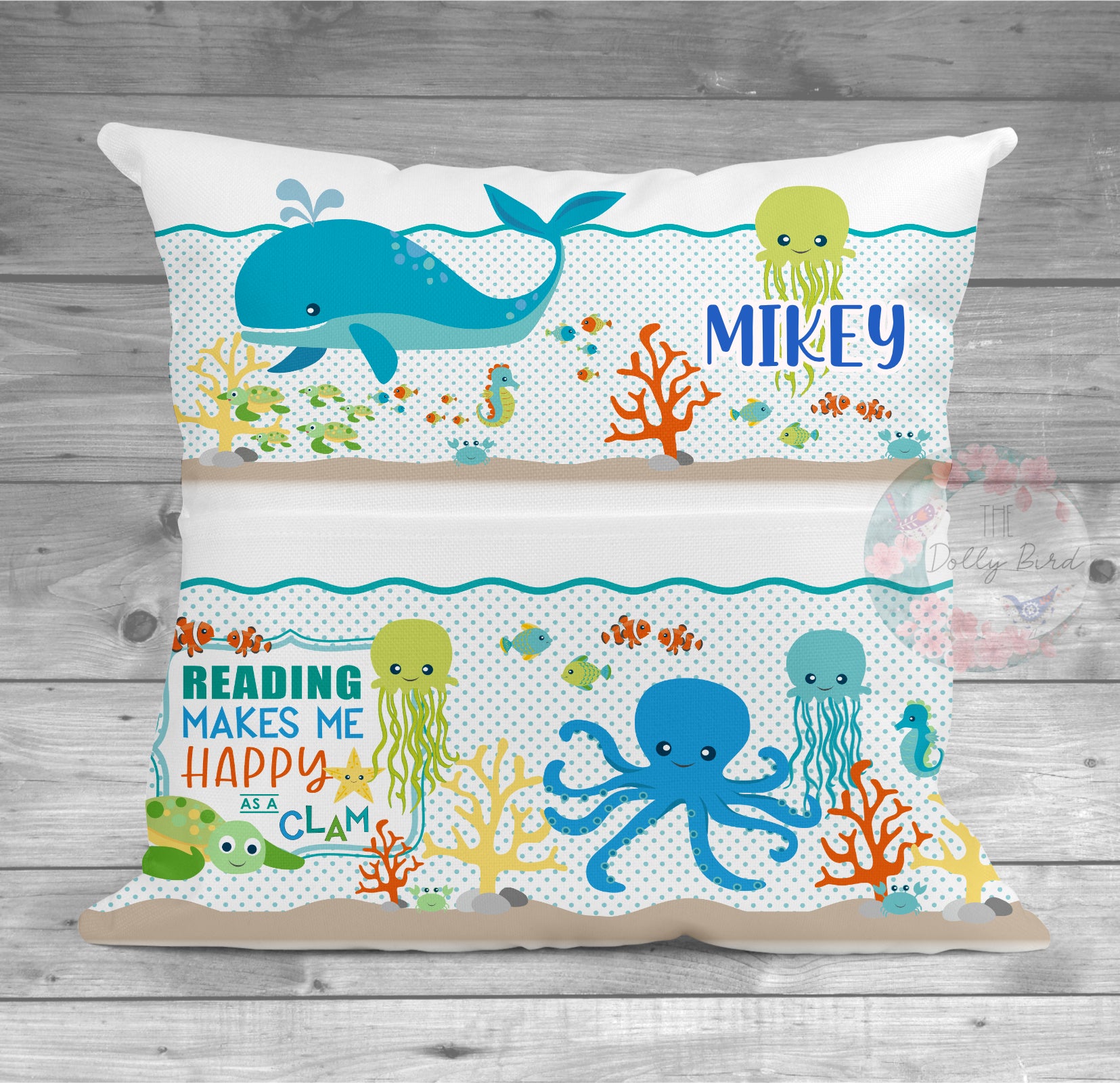 Under The Sea Personalised Book Pillow Pocket Cushion, Sea Theme Cushion, Children's Personalised Book Cushion, Reading Pillow Cushion, Personalised Reading Gift, Reading Birthday, Reading Christmas, Whale Cushion, Octopus Cushion, Name Cushion pillow